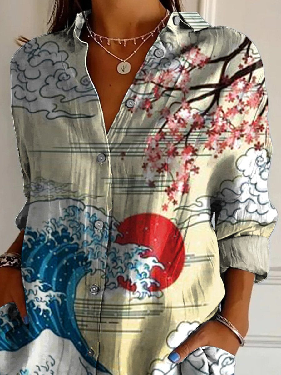 Japanese Ukiyo-e Style Sea Wave Art Printed Women's Casual Cotton Shirt
