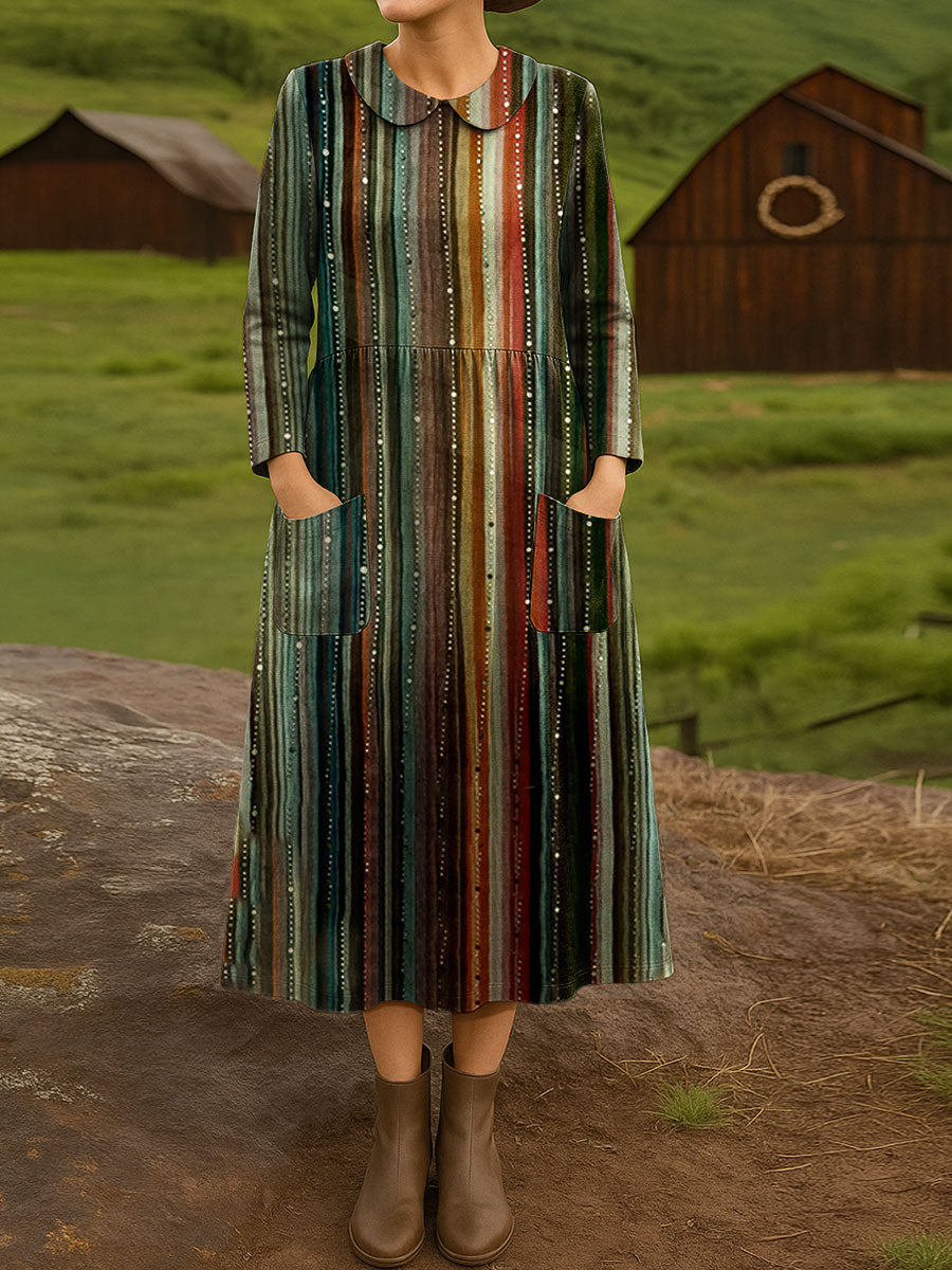 Women's Vintage Abstract Geometric Art Print Cotton Lapel Button-Down Shirt Dress