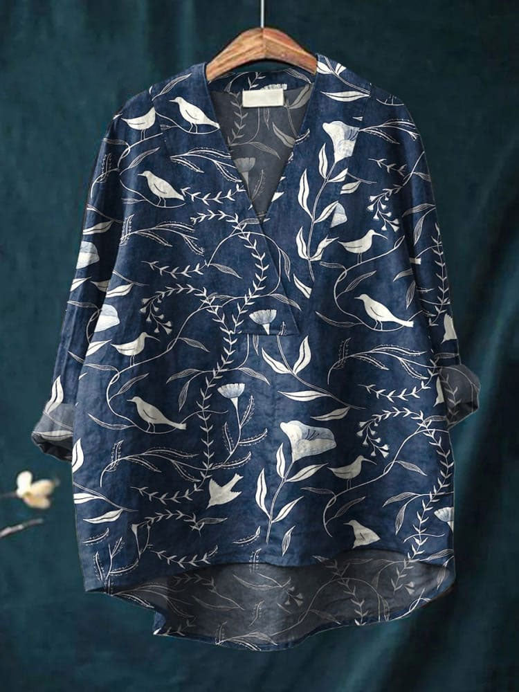 Women's  Flower Art Print Casual Cotton And Linen V-neck Shirt