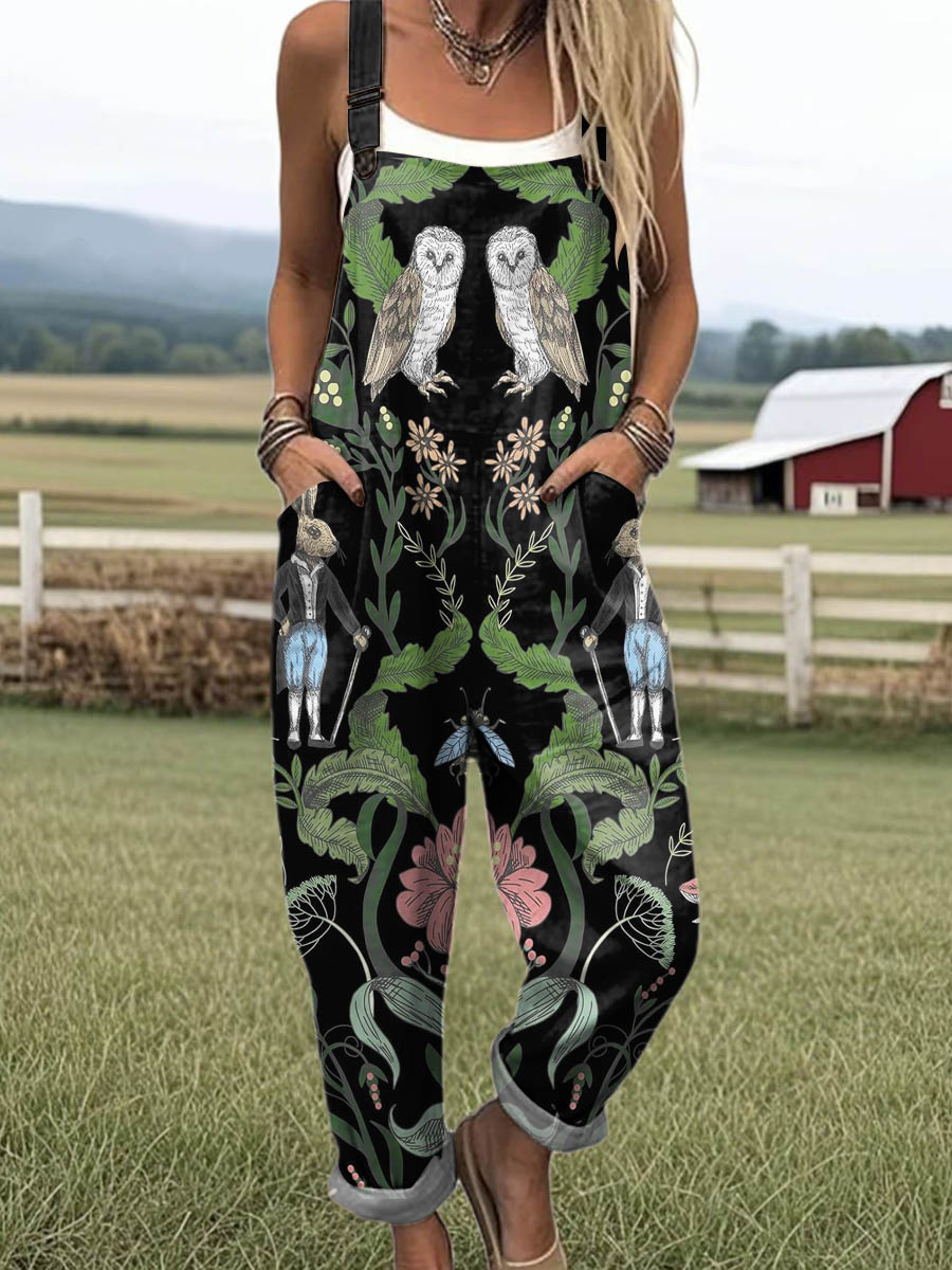 Women's Floral Animals Art Print Casual 100% Cotton Wide Leg Jumpsuit