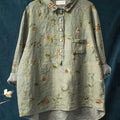 Chemise décontractée en coton et lin à imprimé floral vintage pour femme 