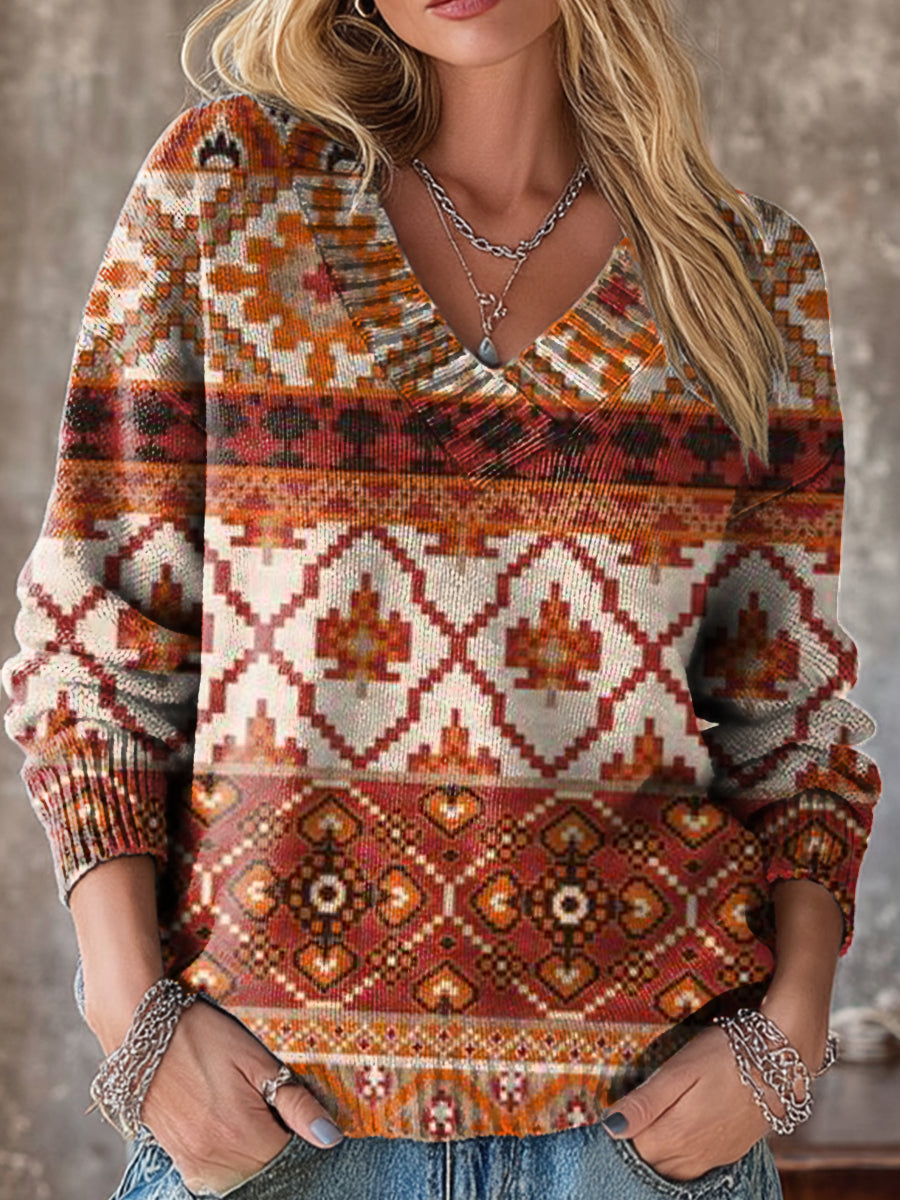 Vintage Diamond Geometric Painting Art Print Knit V-neck Pullover Sweater