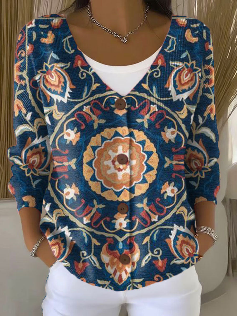 Vintage Flower  Art Print Buttoned V-neck Cardigan Sweater