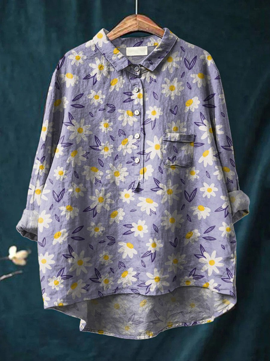 Sweet Daisy Repeat Pattern Printed Women's Casual Cotton And Linen Shirt
