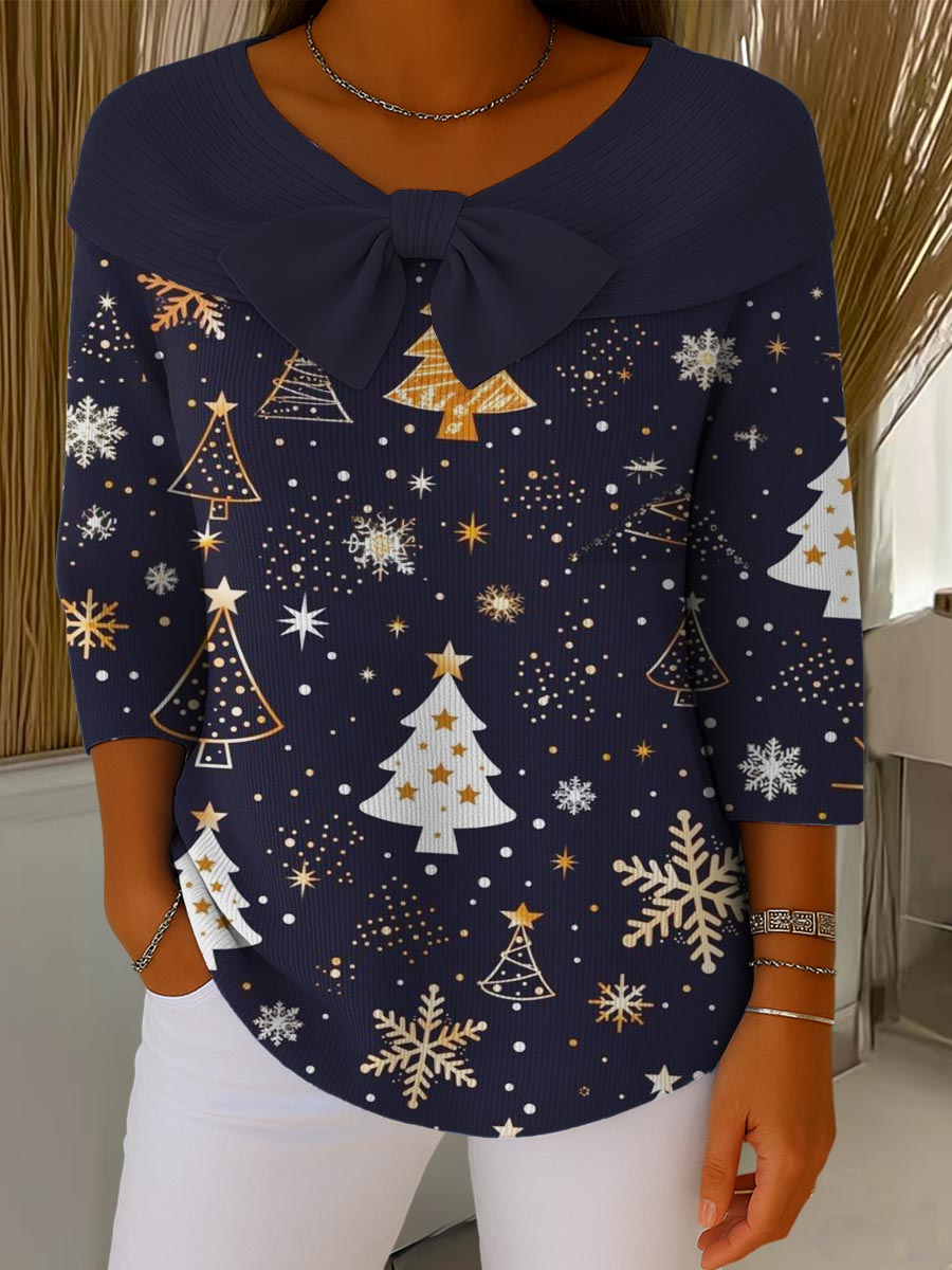 Women's Christmas Print Crew Neck 3/4 Sleeve Casual Pullover Sweater