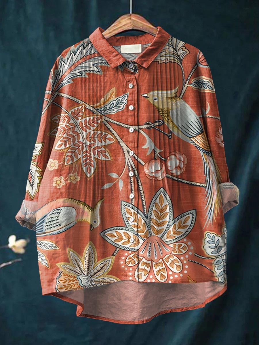 Women's Vintage Floral Pattern Art Print Casual Cotton And Linen Ruffle Shirt