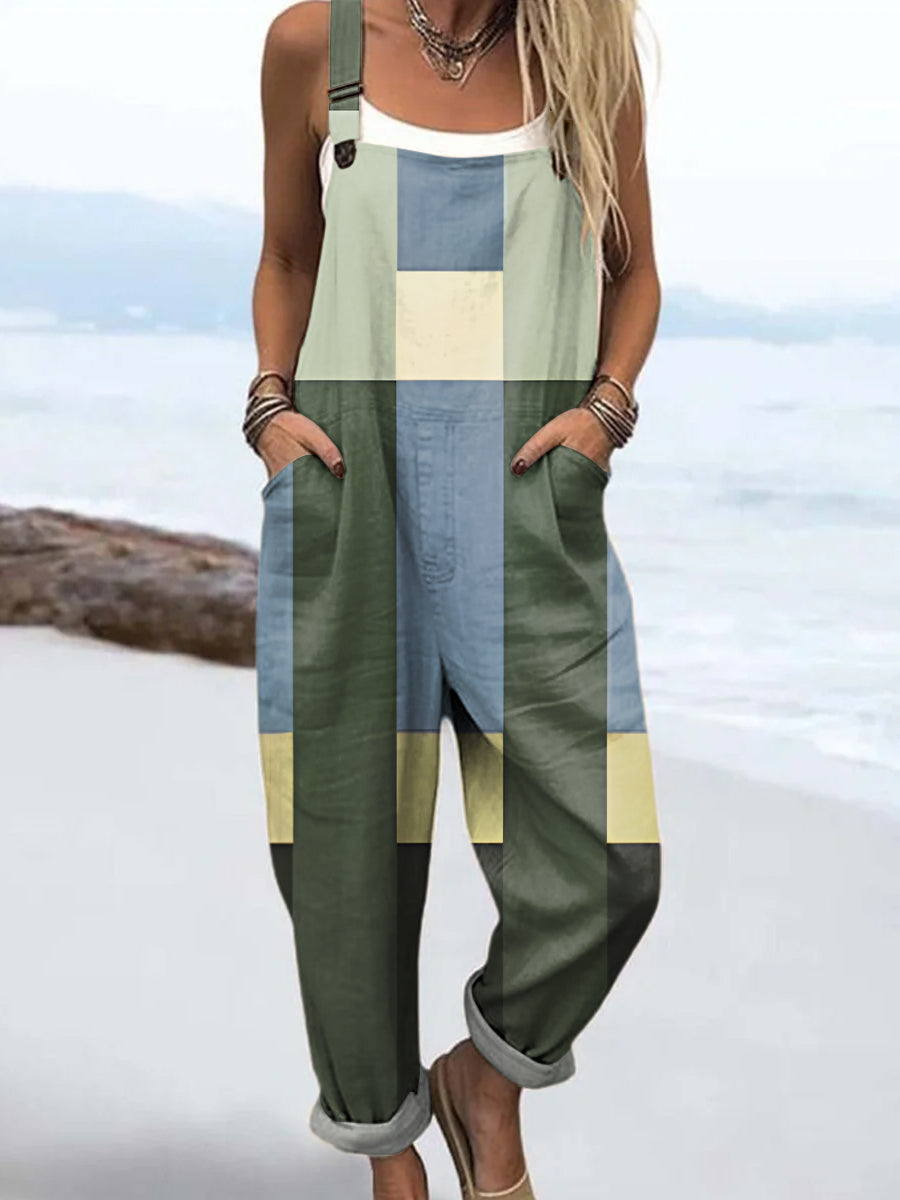 Women's Green Art Creative Geometry Print Casual 100% Cotton Wide Leg Jumpsuit