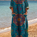 Robe en coton à col en V et poche, imprimé floral ethnique vintage pour femme 