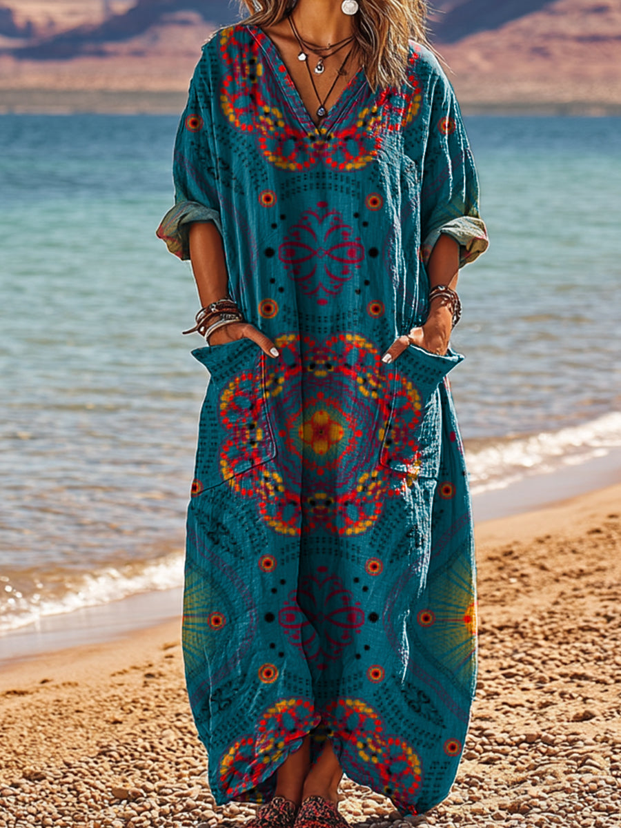 Women's Vintage Ethnic Floral Painting Art Print Pocket V-neck Cotton Dress