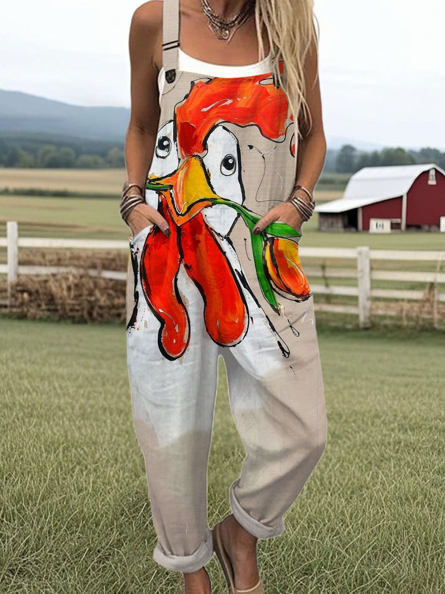 Women's  Funny Chick Art Print Casual 100% Cotton Wide Leg Jumpsuit