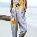 Women's Fashion Floral and Bee Art Print Casual 100% Cotton Wide Leg Jumpsuit