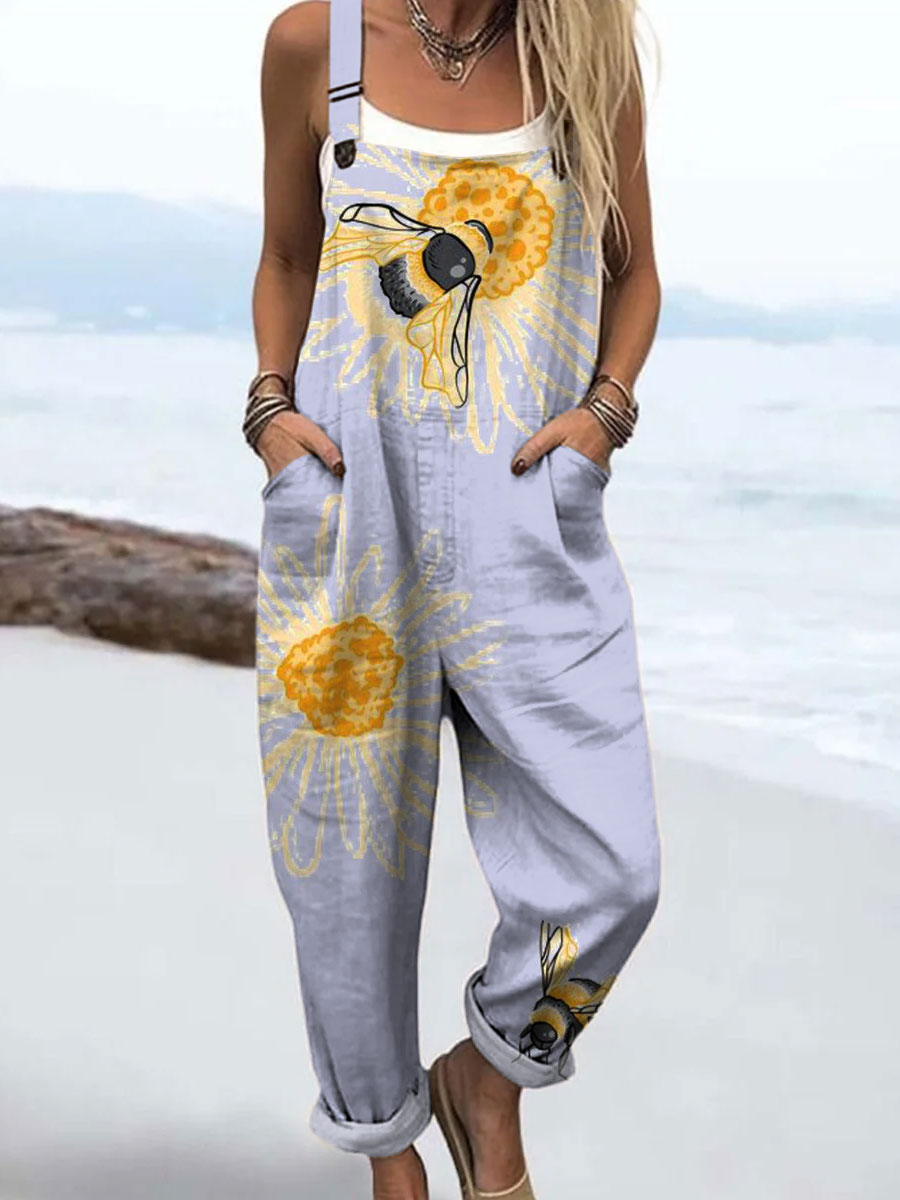 Women's Fashion Floral and Bee Art Print Casual 100% Cotton Wide Leg Jumpsuit