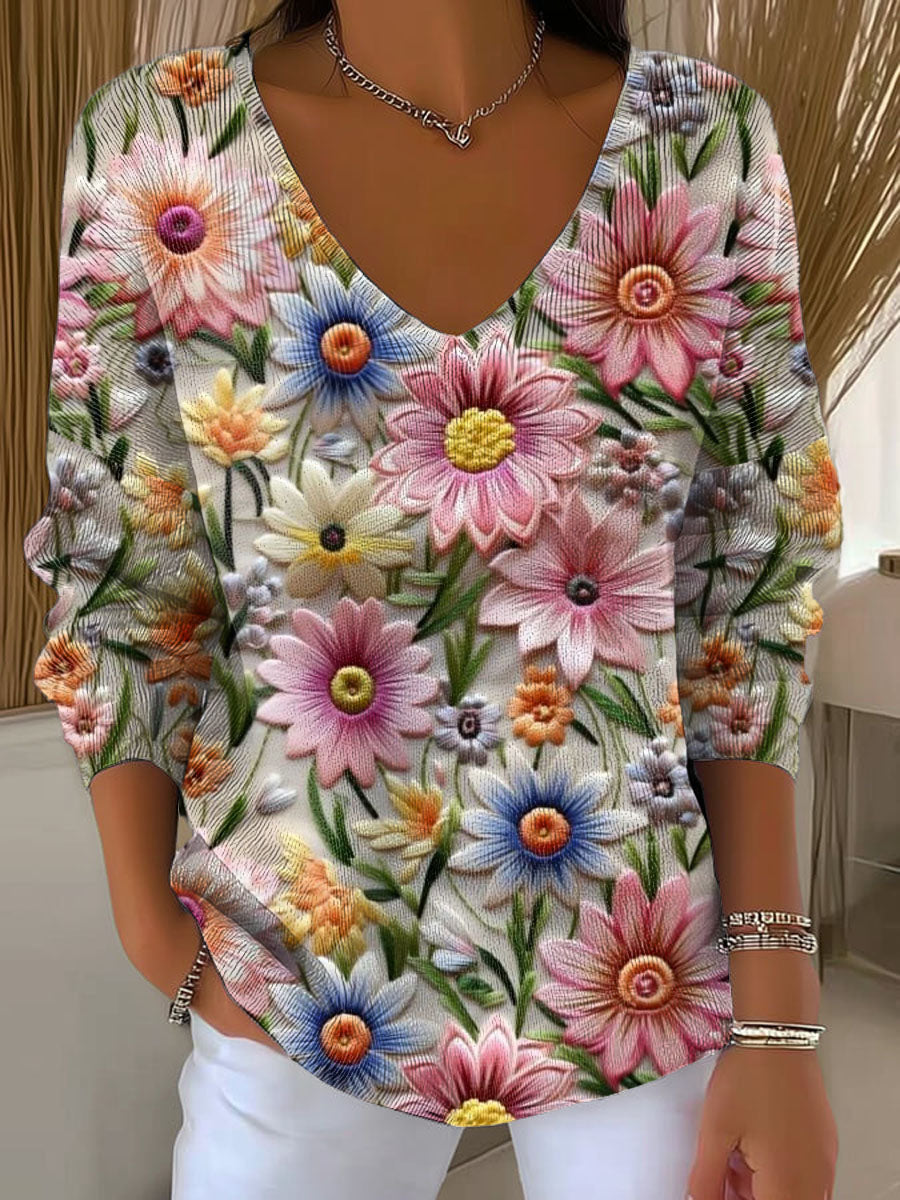 Women's Vintage Floral Art Print Casual Pullover Sweater