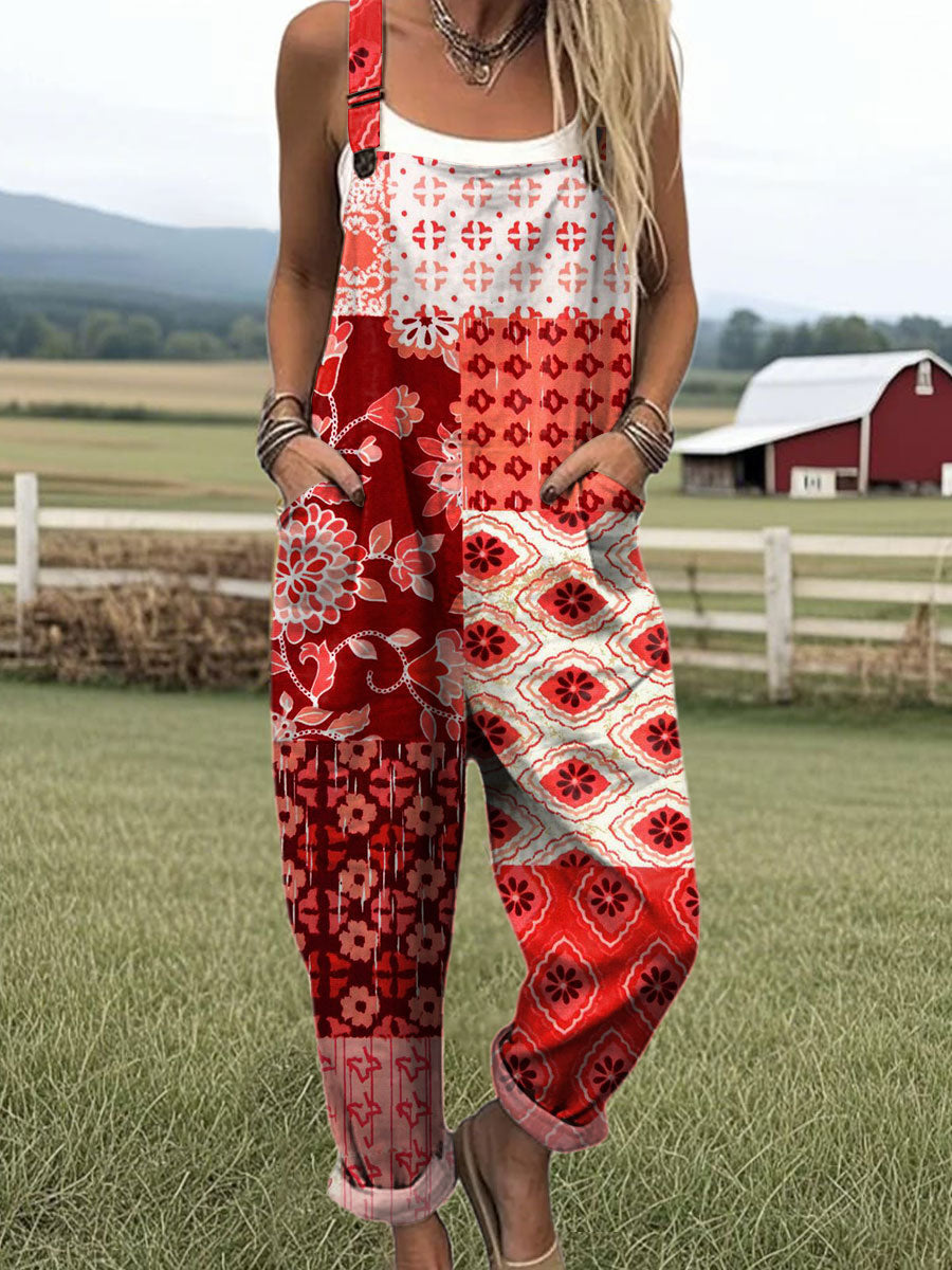 Women's  Patchwork Floral Art Print Casual 100% Cotton Wide Leg Jumpsuit