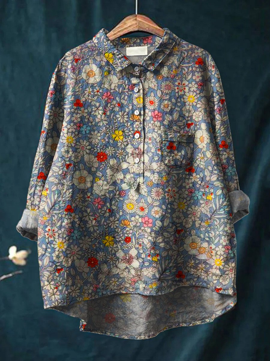 Women's Floral Art Print Casual Cotton And Linen Shirt
