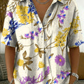 Women's Vintage Botanical Floral Casual Polo Collar Short-sleeved Linen And Cotton Shirt