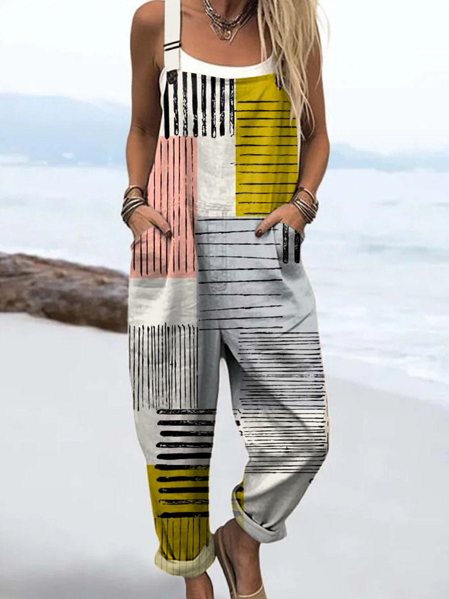 Women's Abstract Geometric Pattern Art Print Casual 100% Cotton Wide Leg Jumpsuit