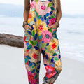 Women's Vintage Floral Pattern Art Print Casual 100% Cotton Wide Leg Jumpsuit