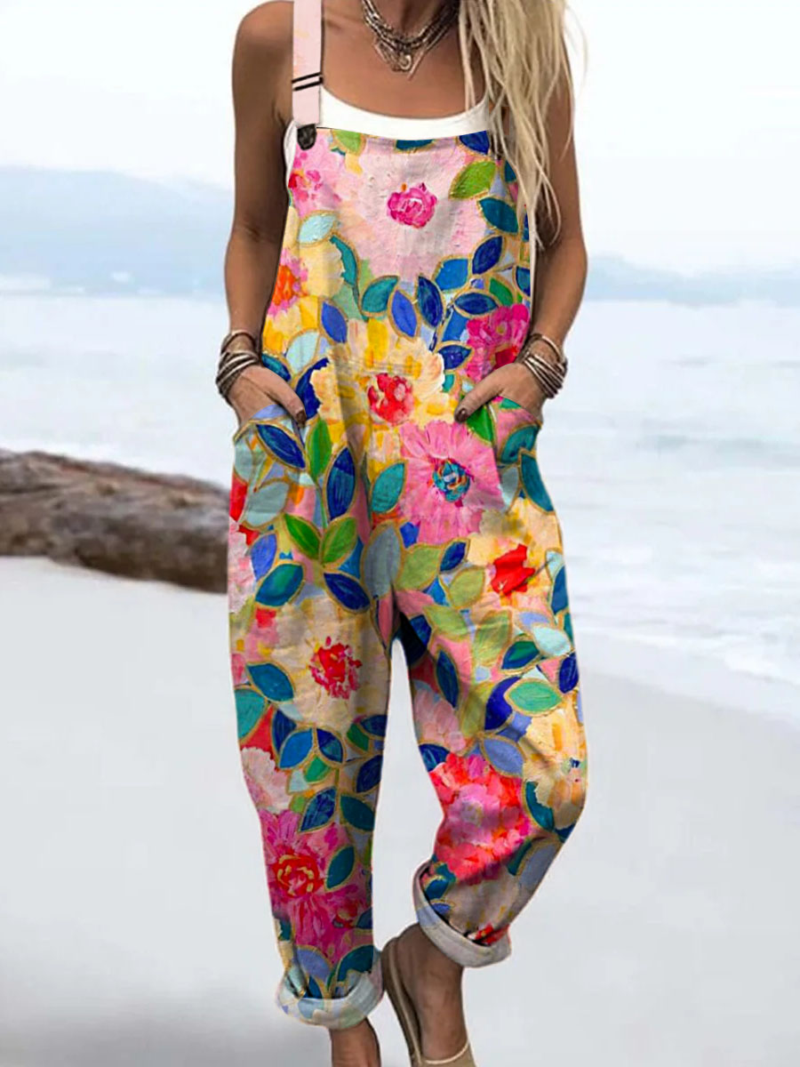 Women's Vintage Floral Pattern Art Print Casual 100% Cotton Wide Leg Jumpsuit