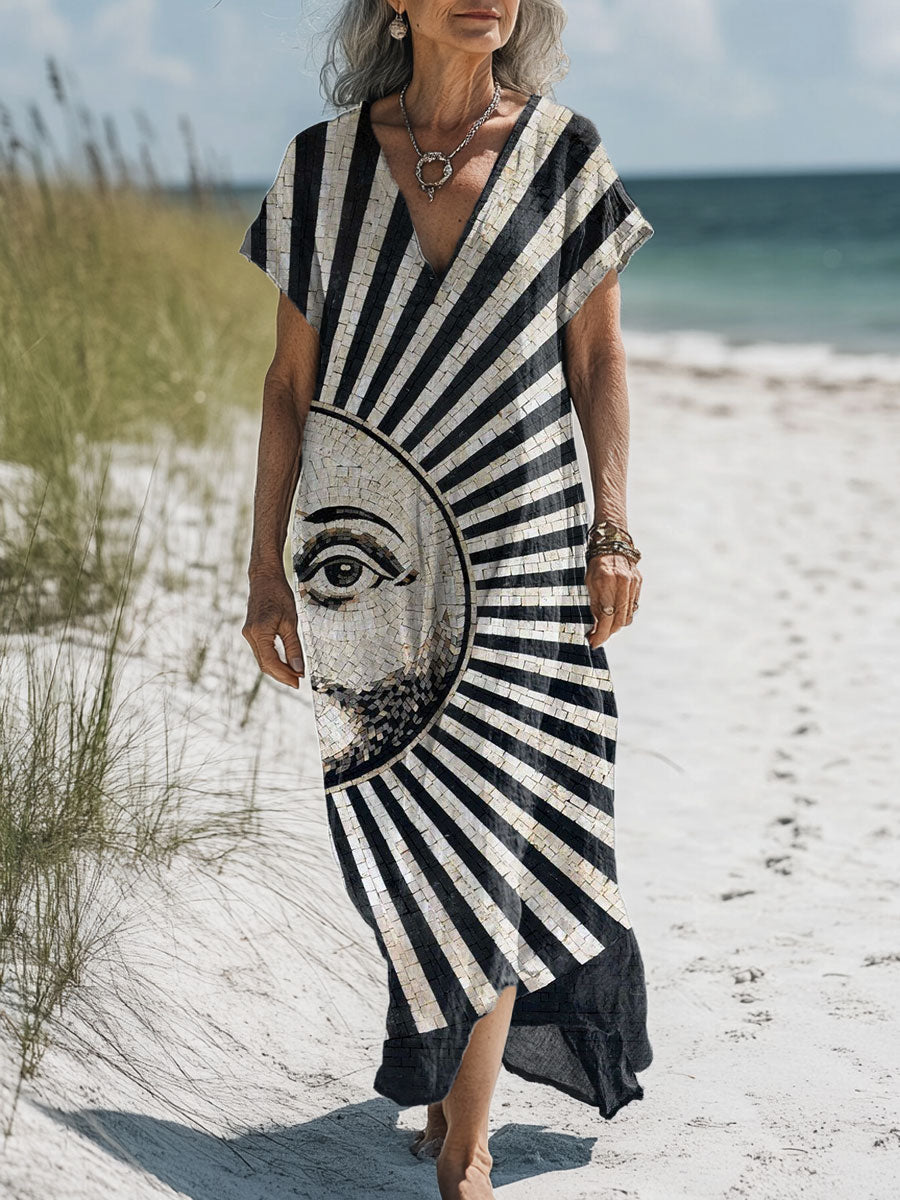 Women's Vintage  Art Print Pocket Cotton Dress