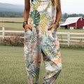Women's Vintage Flowers Art Print Casual 100% Cotton Wide Leg Jumpsuit