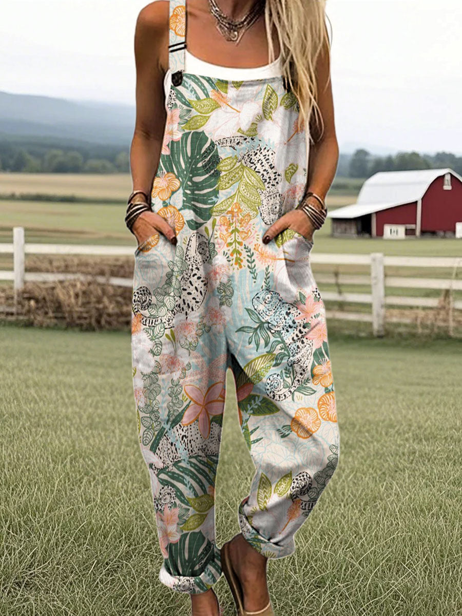 Women's Vintage Flowers Art Print Casual 100% Cotton Wide Leg Jumpsuit