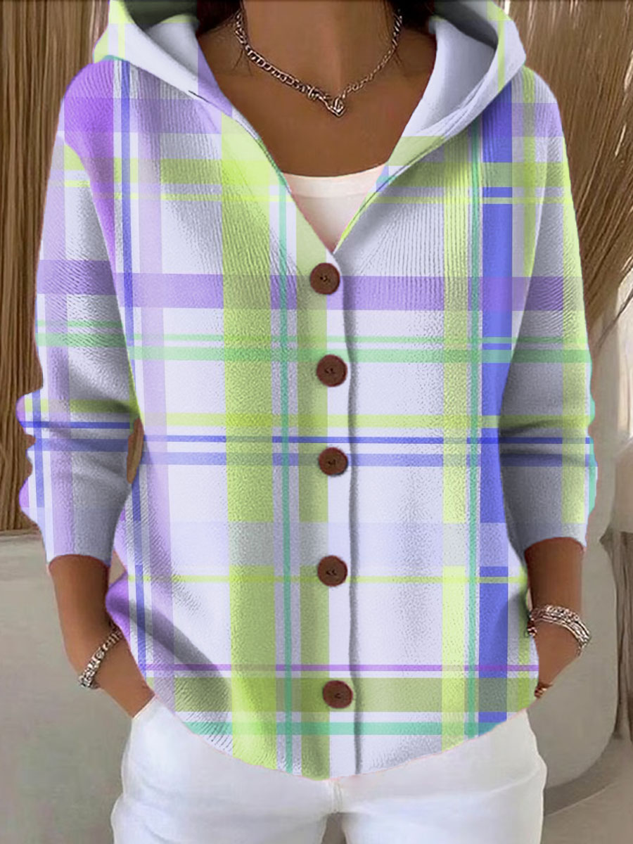 Women's large Plaid Printed Casual Hooded Button Sweater