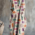 Women's Color Kitten Art Pattern Print Pocket V-neck Cotton Dress