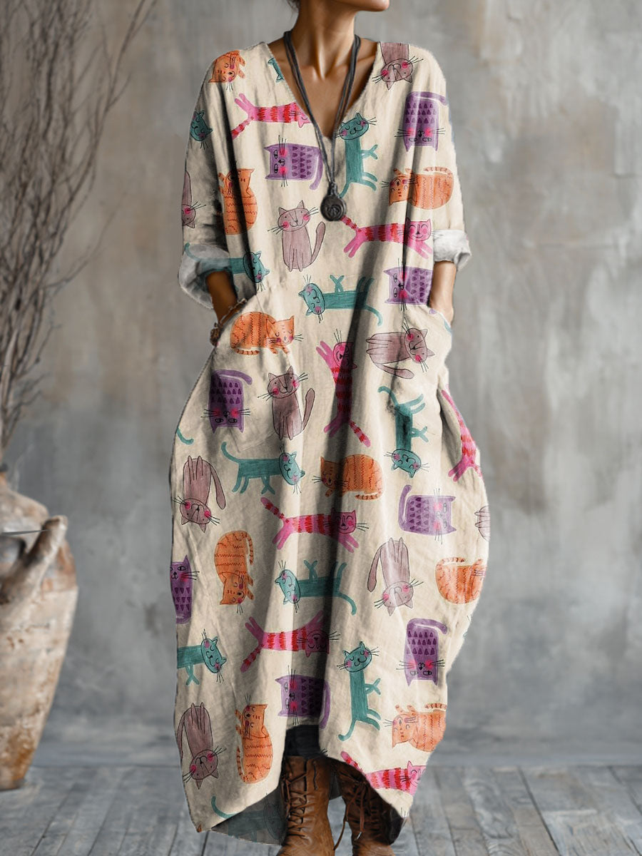 Women's Color Kitten Art Pattern Print Pocket V-neck Cotton Dress