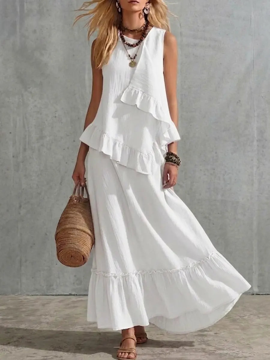 Women's Casual Vacation Style Irregular Lace Cotton And Linen Skirt Set
