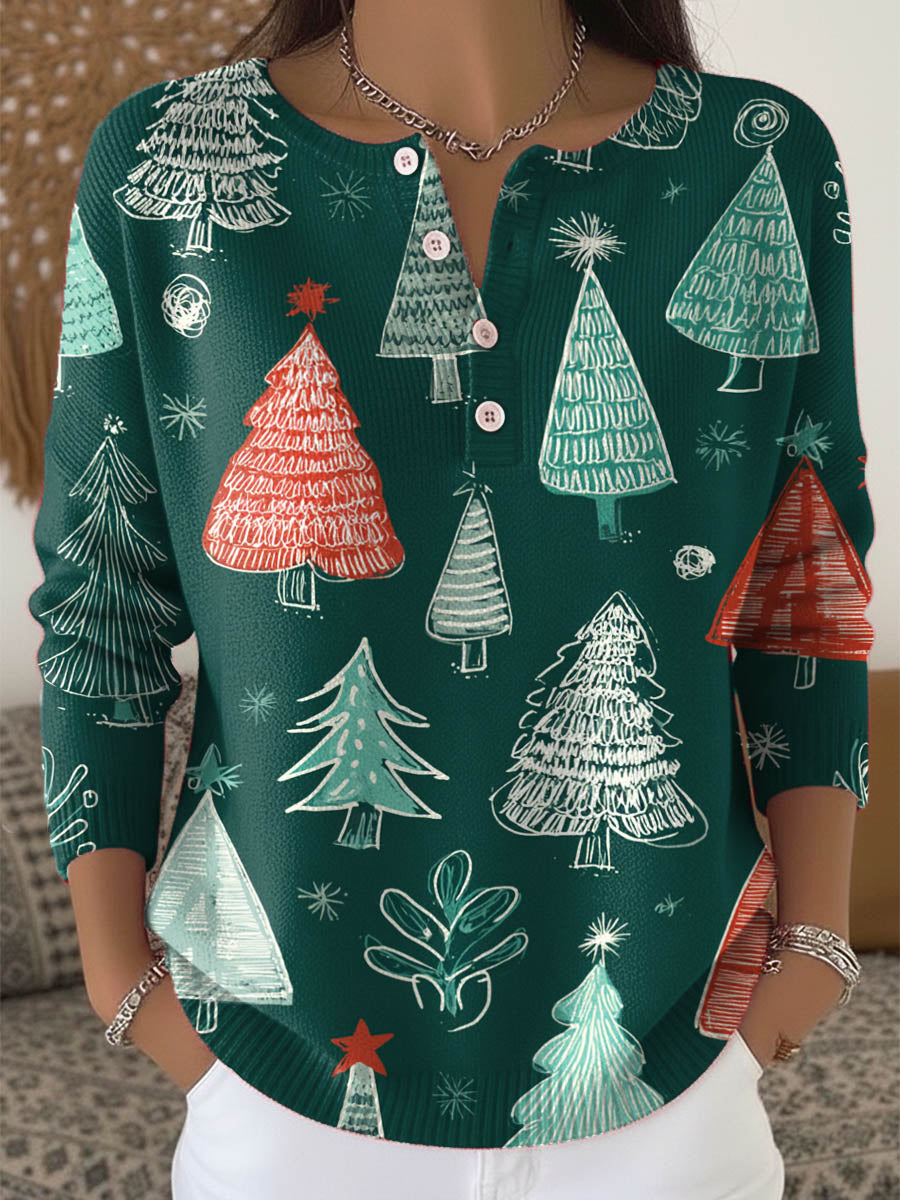 Women's Christmas Tree Art Print Buttoned Cardigan Sweater