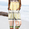 Women's Vintage Abstract Geometric Line Art Print Casual 100% Cotton Wide Leg Jumpsuit