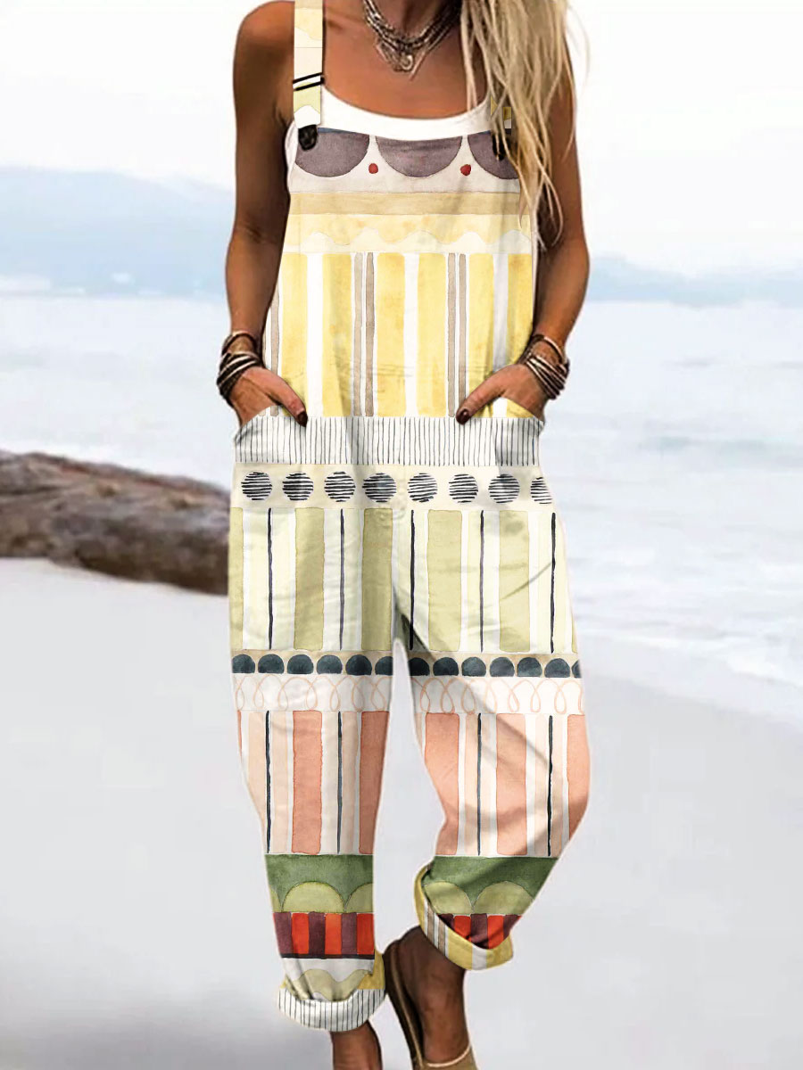 Women's Vintage Abstract Geometric Line Art Print Casual 100% Cotton Wide Leg Jumpsuit