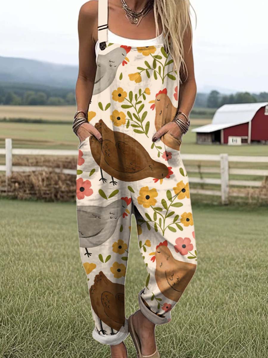 Women's Lovely Chicken Floral Art Print Casual 100% Cotton Wide Leg Jumpsuit