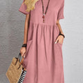 Women's Solid Color Loose Stylish Casual Cotton And Linen Pockets Dress