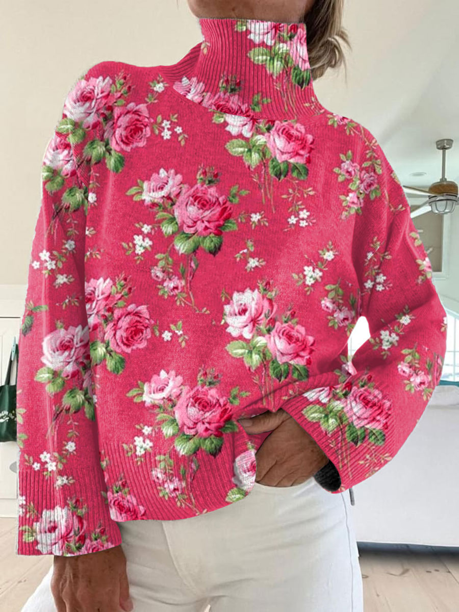 Vintage Floral Art Print Knit Turtleneck Pullover Sweater