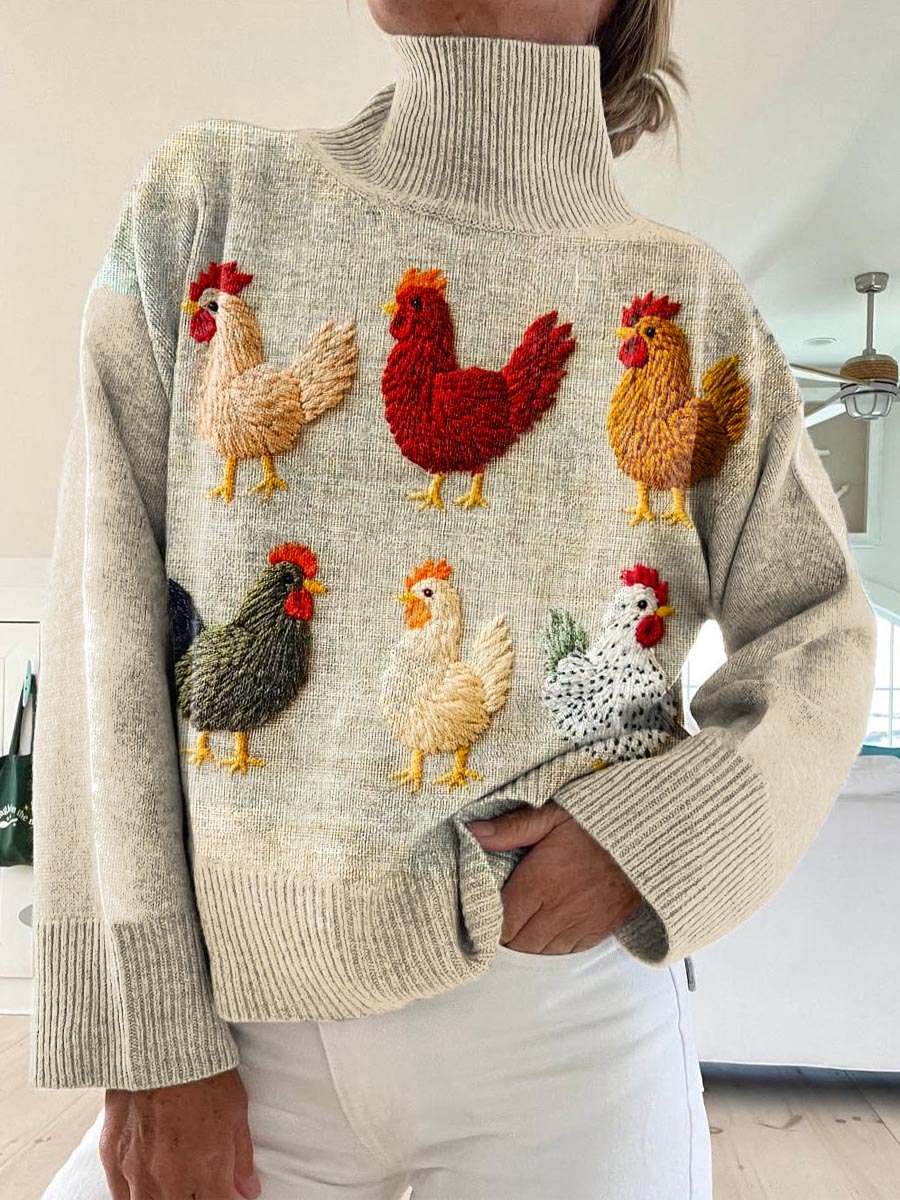 womens-lovely-chicken-pattern-art-print-knit-turtleneck-pullover-sweater-0ez6