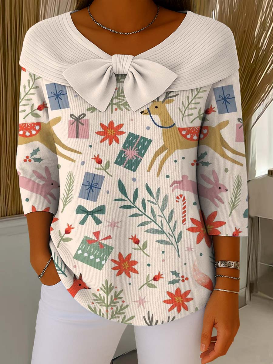 Women's Christmas Print Crew Neck 3/4 Sleeve Casual Pullover Sweater