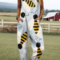 Women's Vintage Bee Flower Art Print Casual 100% Cotton Wide Leg Jumpsuit