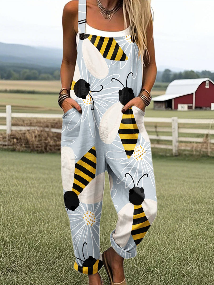 Women's Vintage Bee Flower Art Print Casual 100% Cotton Wide Leg Jumpsuit