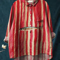 Women's Red Striped Sardines Print Casual Cotton And Linen Shirt