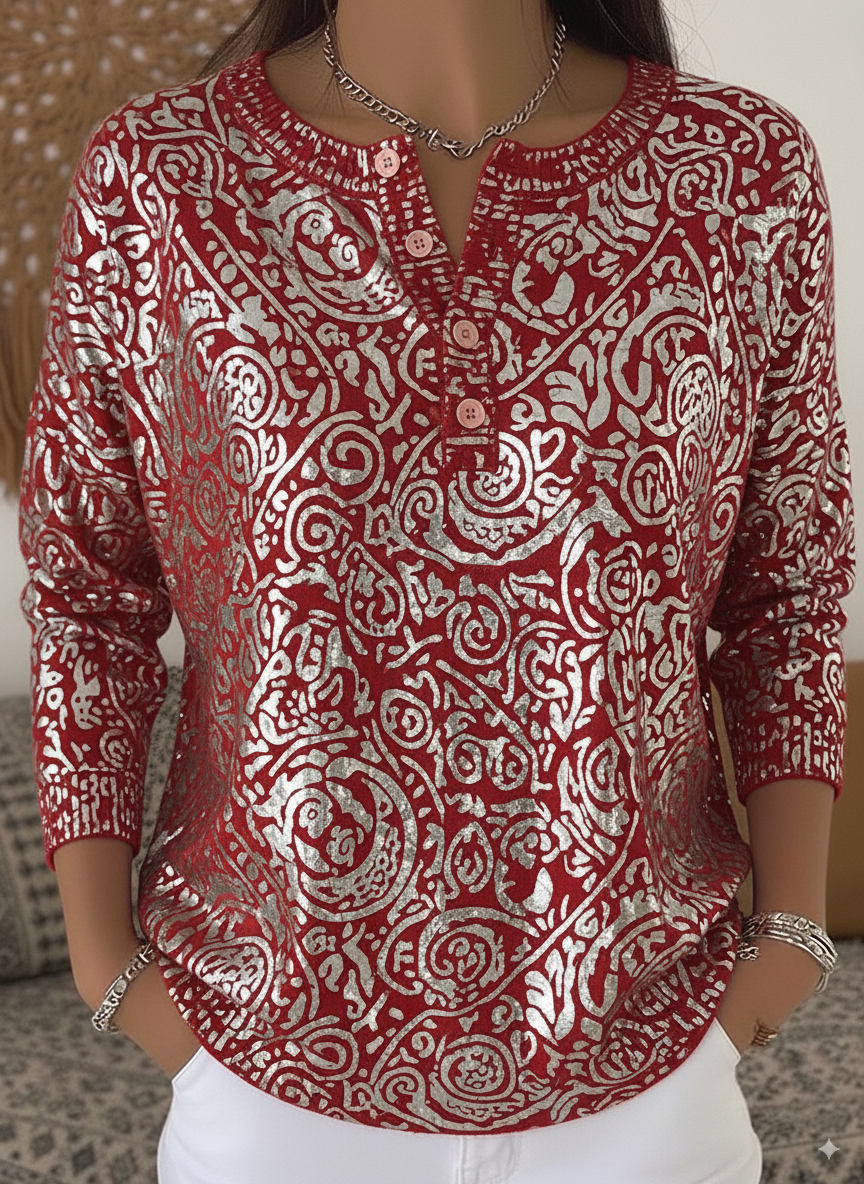 Vintage Totem Print Henley Neck Sweater Top