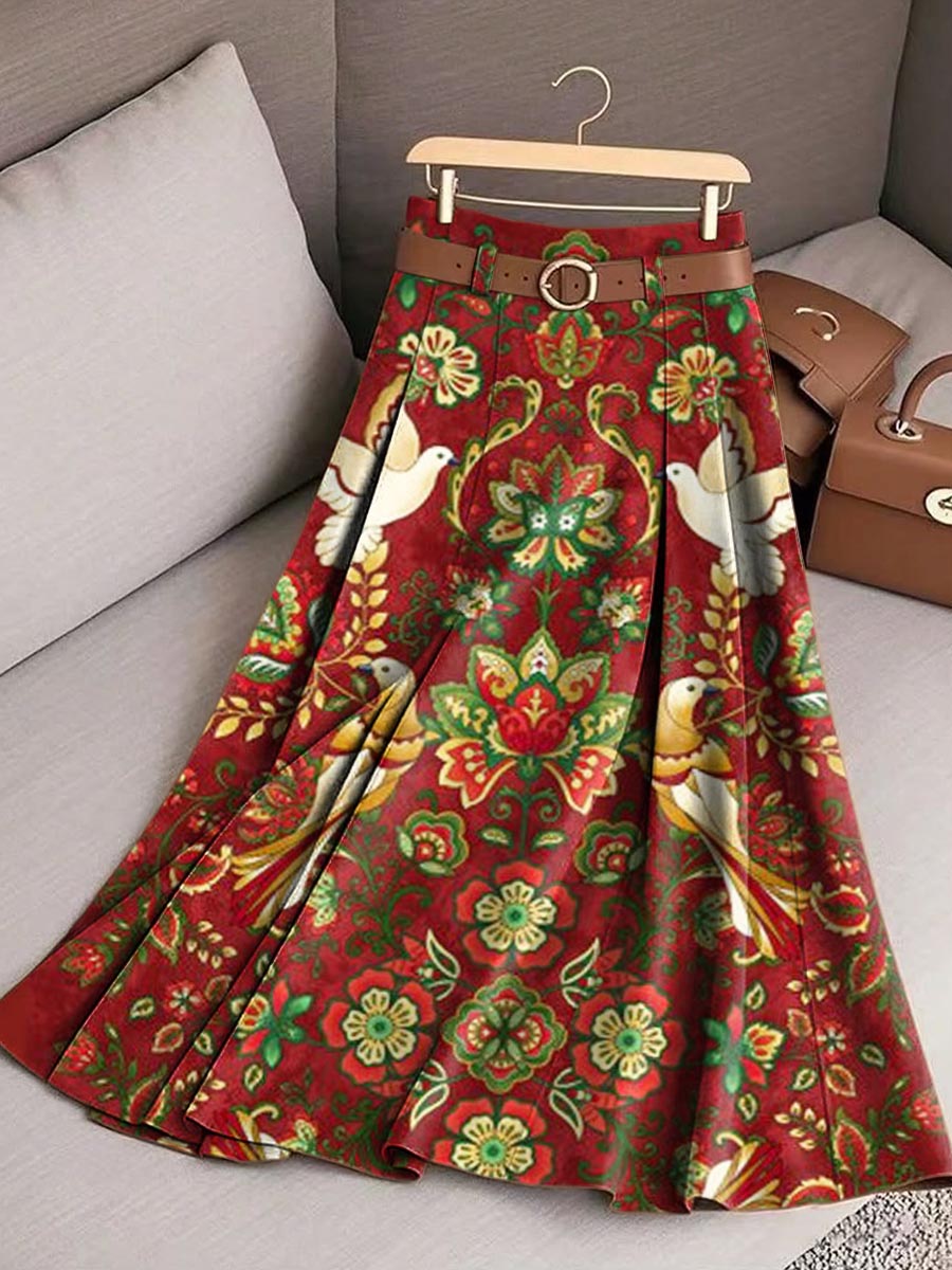 Women's Retro Floral Birds Art Print Casual Cotton Skirt