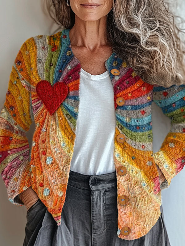 Vintage Colorful Floral Art Print Buttoned Cardigan Sweater