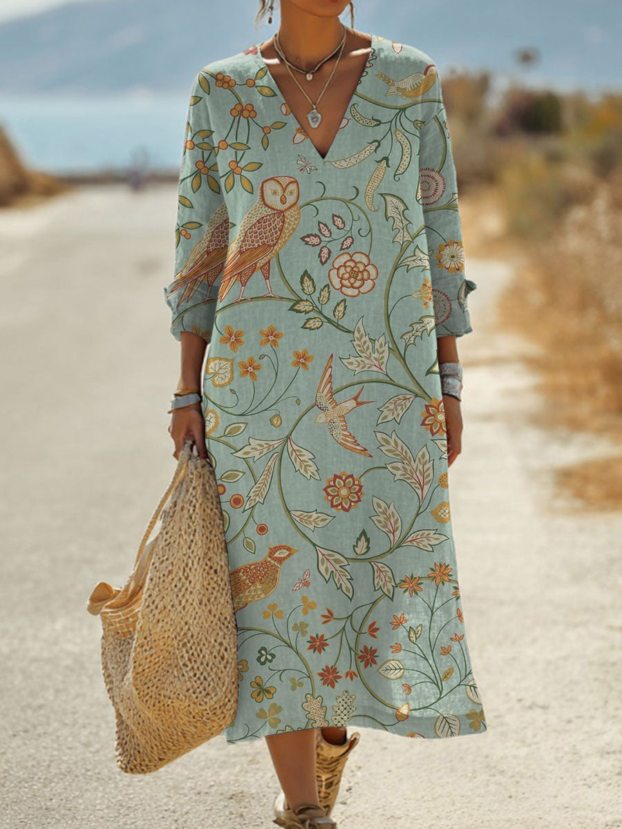 Women's  Vintage Flower  Art Print Pocket Cotton Dress