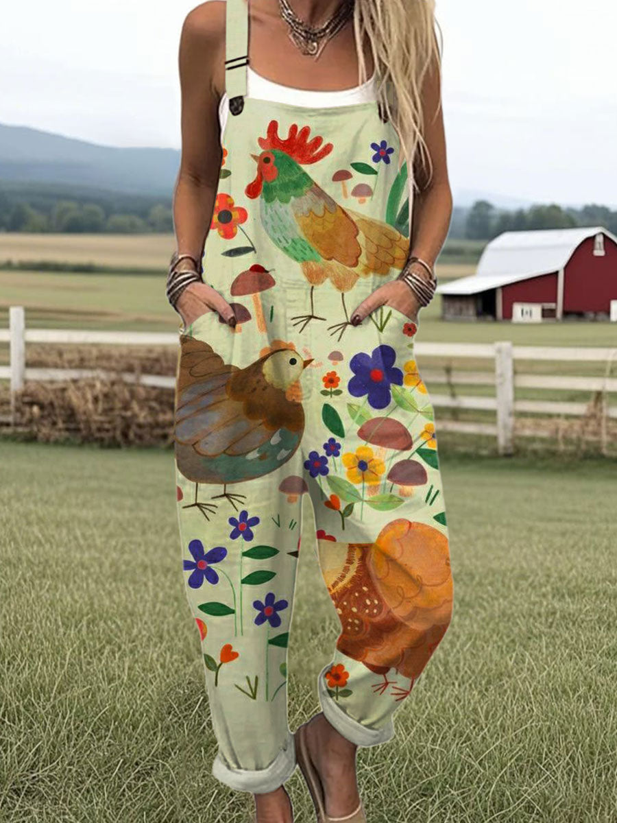 Women's Funny Chick Art Print Casual 100% Cotton Wide Leg Jumpsuit