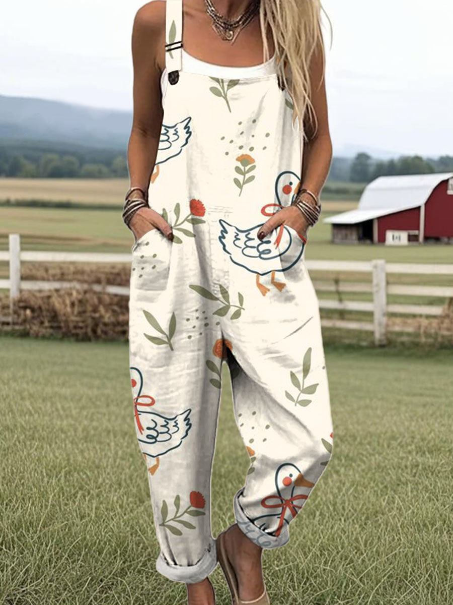 Women's Art Creative Fun Duck Print Casual 100% Cotton Wide Leg Jumpsuit