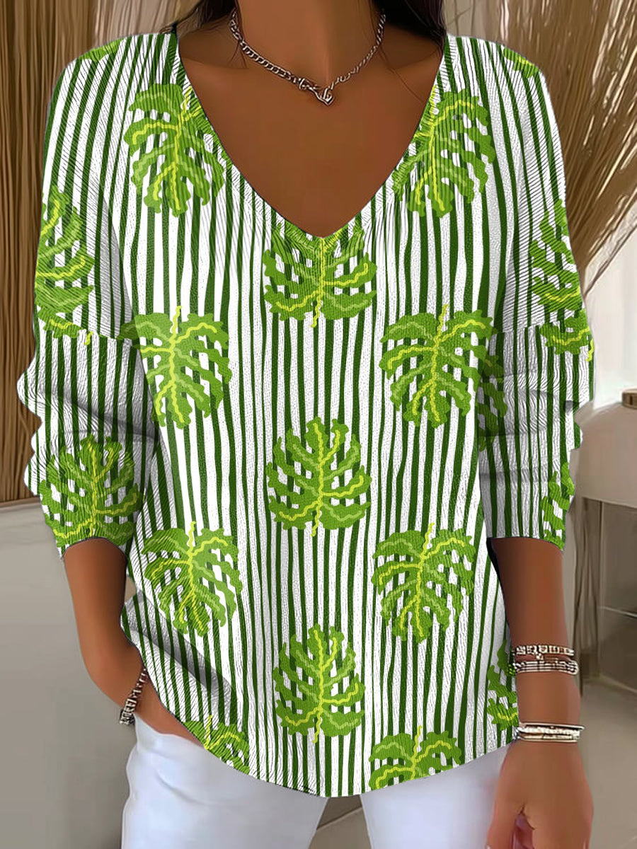 womens-vertical-stripes-on-leaves-print-casual-pullover-sweater