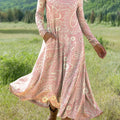 Women's Vintage Beautiful Pink Paisley Art Print Long-sleeved Dress