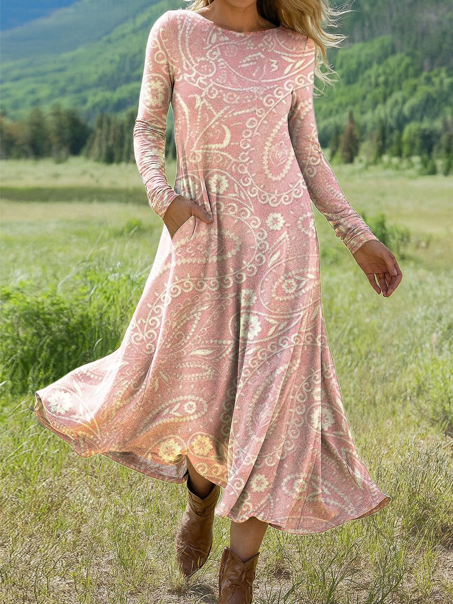 Women's Vintage Beautiful Pink Paisley Art Print Long-sleeved Dress